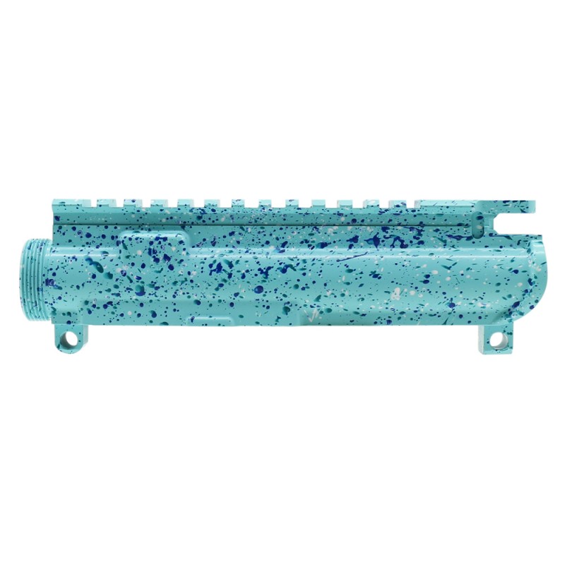 Cerakote Splatter| AR-15 Mil-Spec Upper Receiver - Base Robins Egg - Pattern - Bright White - Aqua Teal - Blue Flame - Made in U.S.A Cerakote Splatter| AR-15 Mil-Spec Upper Receiver - Base Robins Egg - Pattern - Bright White - Aqua Teal - Blue Flame - Made in U.S.A