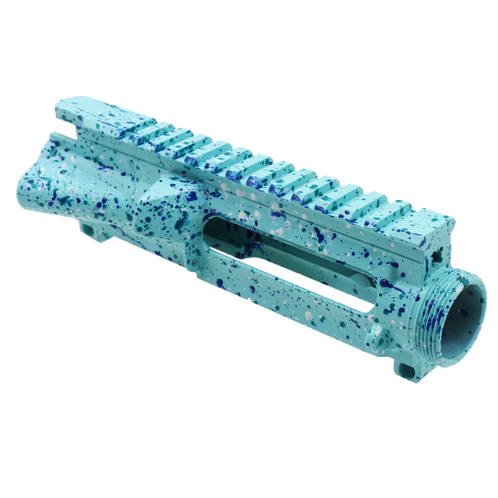 Cerakote Splatter| AR-15 Mil-Spec Upper Receiver - Base Robins Egg - Pattern - Bright White - Aqua Teal - Blue Flame - Made in U.S.A Cerakote Splatter| AR-15 Mil-Spec Upper Receiver - Base Robins Egg - Pattern - Bright White - Aqua Teal - Blue Flame - Made in U.S.A