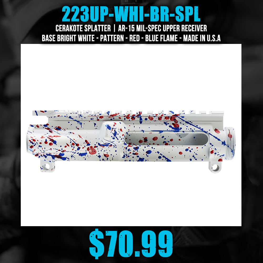 Cerakote Splatter| AR-15 Mil-Spec Upper Receiver - Base Bright White - Pattern - Red - Blue Flame - Made in U.S.A Cerakote Splatter| AR-15 Mil-Spec Upper Receiver - Base Bright White - Pattern - Red - Blue Flame - Made in U.S.A