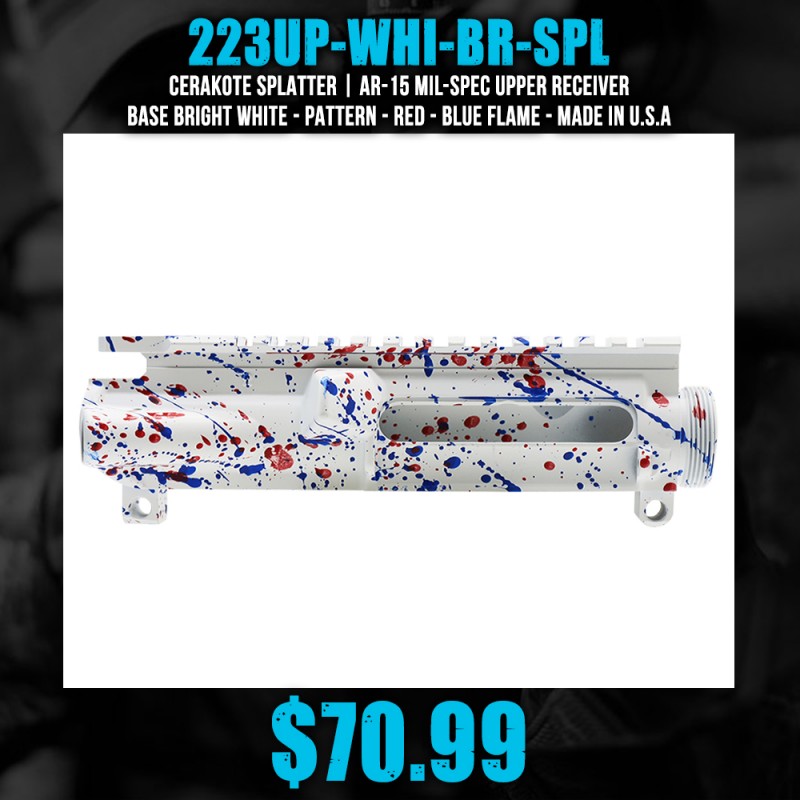 Cerakote Splatter| AR-15 Mil-Spec Upper Receiver - Base Bright White - Pattern - Red - Blue Flame - Made in U.S.A Cerakote Splatter| AR-15 Mil-Spec Upper Receiver - Base Bright White - Pattern - Red - Blue Flame - Made in U.S.A