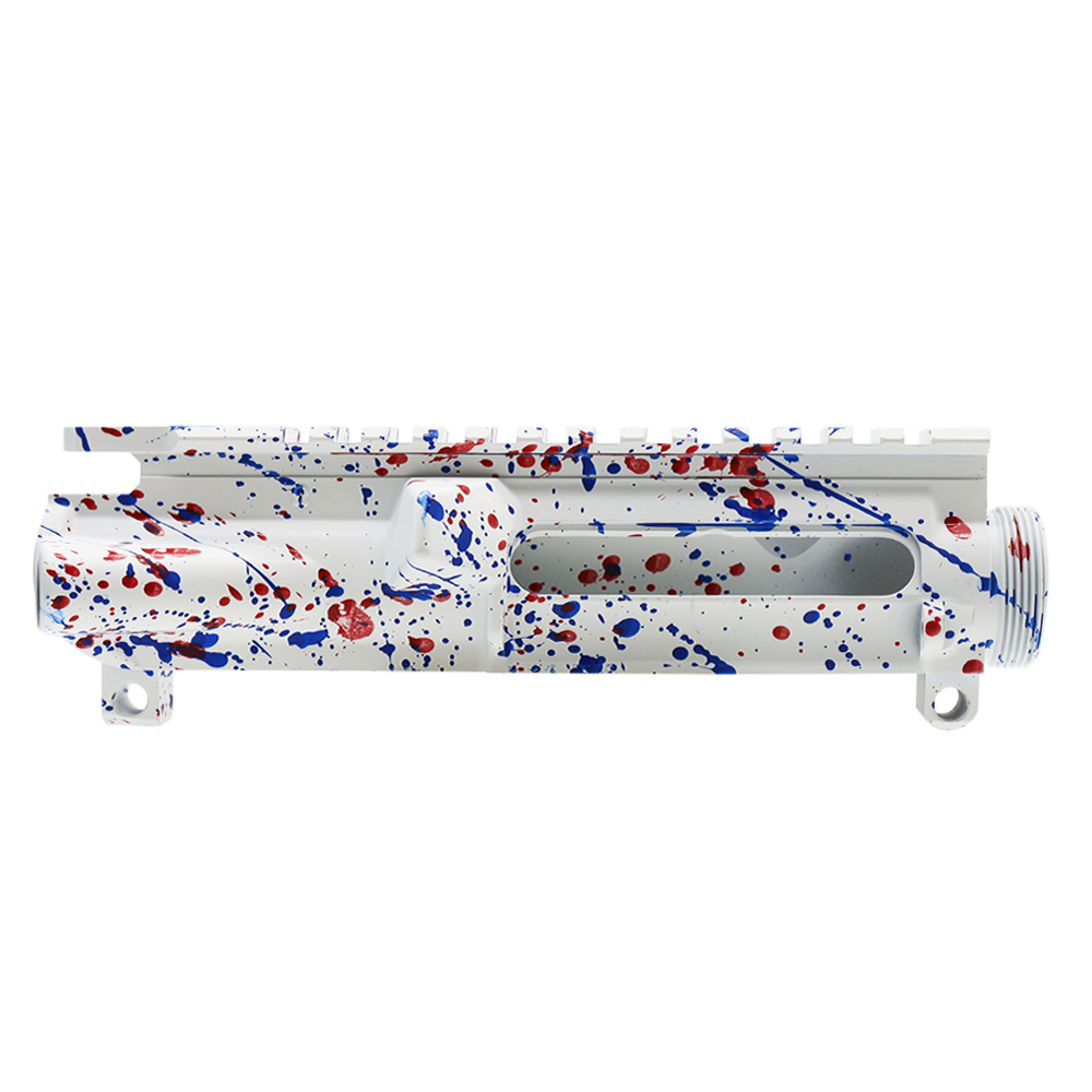 Cerakote Splatter| AR-15 Mil-Spec Upper Receiver - Base Bright White - Pattern - Red - Blue Flame - Made in U.S.A Cerakote Splatter| AR-15 Mil-Spec Upper Receiver - Base Bright White - Pattern - Red - Blue Flame - Made in U.S.A