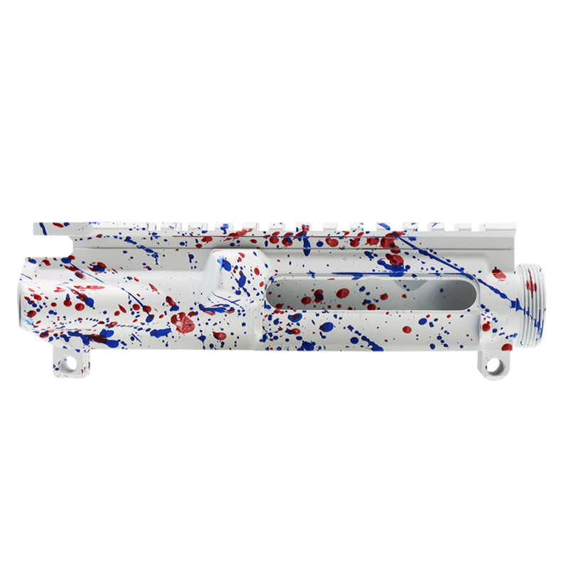 Cerakote Splatter| AR-15 Mil-Spec Upper Receiver - Base Bright White - Pattern - Red - Blue Flame - Made in U.S.A Cerakote Splatter| AR-15 Mil-Spec Upper Receiver - Base Bright White - Pattern - Red - Blue Flame - Made in U.S.A
