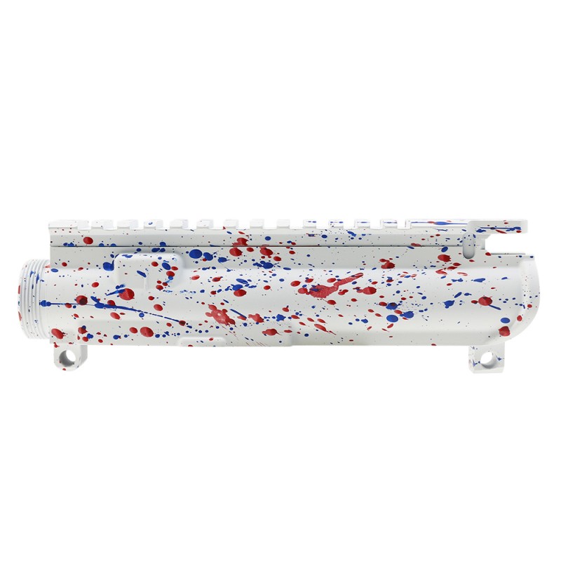 Cerakote Splatter| AR-15 Mil-Spec Upper Receiver - Base Bright White - Pattern - Red - Blue Flame - Made in U.S.A Cerakote Splatter| AR-15 Mil-Spec Upper Receiver - Base Bright White - Pattern - Red - Blue Flame - Made in U.S.A