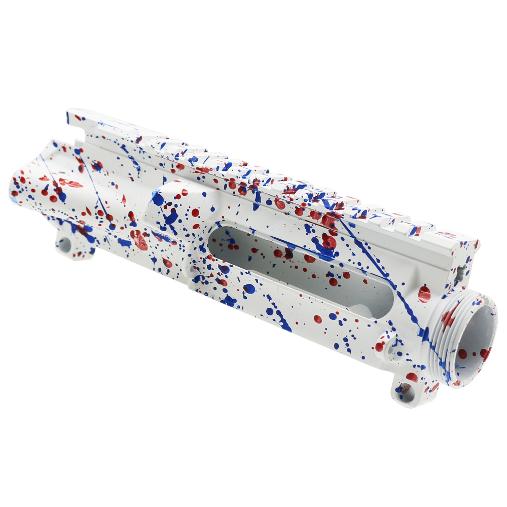 Cerakote Splatter| AR-15 Mil-Spec Upper Receiver - Base Bright White - Pattern - Red - Blue Flame - Made in U.S.A Cerakote Splatter| AR-15 Mil-Spec Upper Receiver - Base Bright White - Pattern - Red - Blue Flame - Made in U.S.A