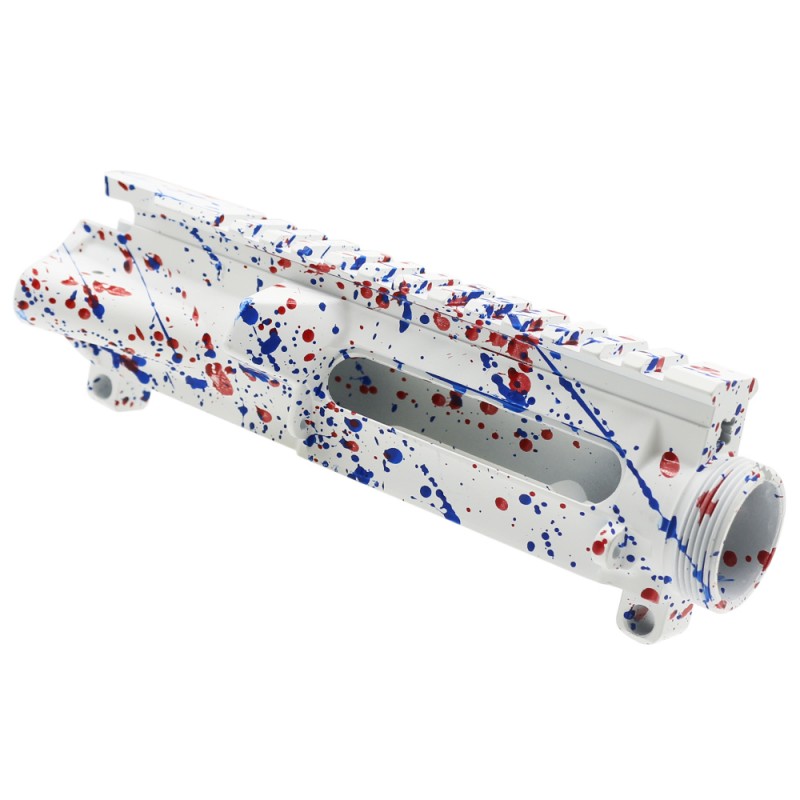Cerakote Splatter| AR-15 Mil-Spec Upper Receiver - Base Bright White - Pattern - Red - Blue Flame - Made in U.S.A Cerakote Splatter| AR-15 Mil-Spec Upper Receiver - Base Bright White - Pattern - Red - Blue Flame - Made in U.S.A