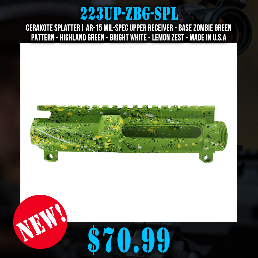 Cerakote Splatter| AR-15 Mil-Spec Upper Receiver - Base Zombie Green - Pattern - Highland Green - Bright White - Lemon Zest - Made in U.S.A Cerakote Splatter| AR-15 Mil-Spec Upper Receiver - Base Zombie Green - Pattern - Highland Green - Bright White - Lemon Zest - Made in U.S.A