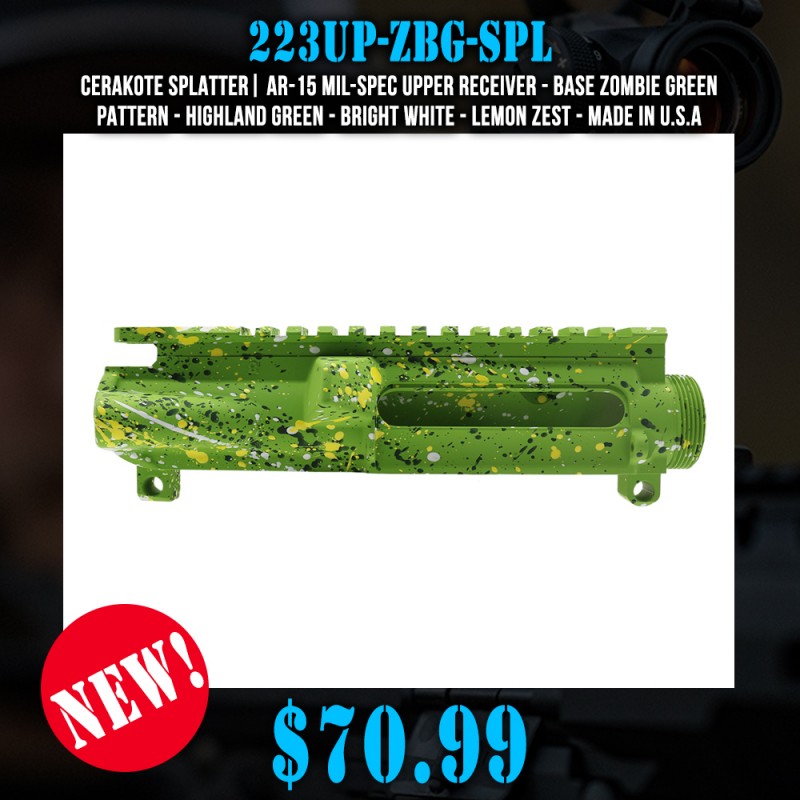 Cerakote Splatter| AR-15 Mil-Spec Upper Receiver - Base Zombie Green - Pattern - Highland Green - Bright White - Lemon Zest - Made in U.S.A Cerakote Splatter| AR-15 Mil-Spec Upper Receiver - Base Zombie Green - Pattern - Highland Green - Bright White - Lemon Zest - Made in U.S.A