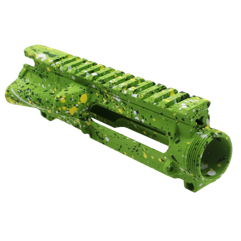 Cerakote Splatter| AR-15 Mil-Spec Upper Receiver - Base Zombie Green - Pattern - Highland Green - Bright White - Lemon Zest - Made in U.S.A Cerakote Splatter| AR-15 Mil-Spec Upper Receiver - Base Zombie Green - Pattern - Highland Green - Bright White - Lemon Zest - Made in U.S.A