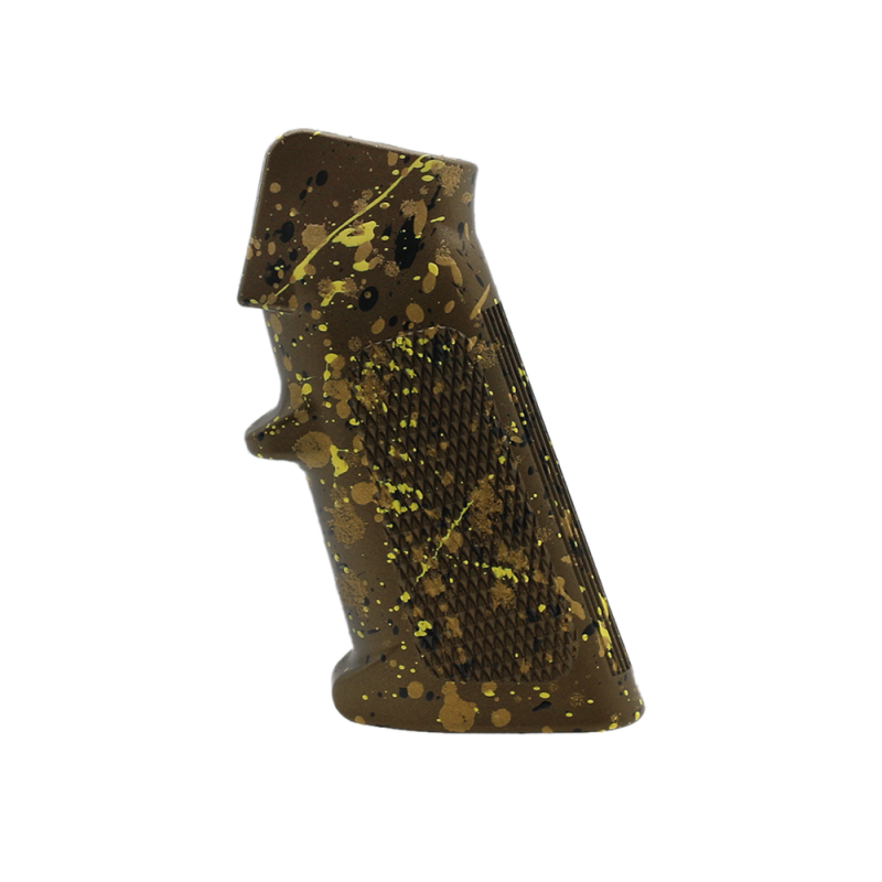 CERAKOTE SPLATTER | AR STANDARD A2 PISTOL GRIP - BASE BURNT BRONZE - PATTERN - GOLD - BLACK - LEMON ZEST CERAKOTE SPLATTER | AR STANDARD A2 PISTOL GRIP - BASE BURNT BRONZE - PATTERN - GOLD - BLACK - LEMON ZEST