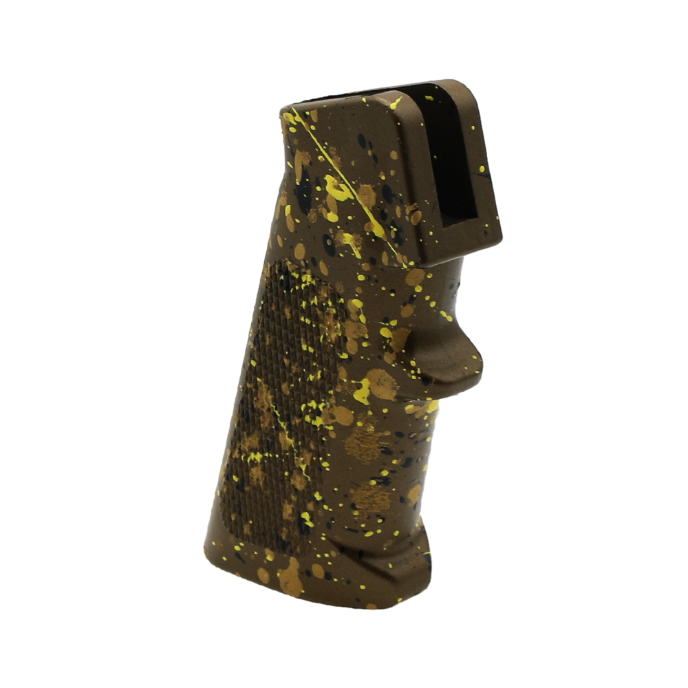 CERAKOTE SPLATTER | AR STANDARD A2 PISTOL GRIP - BASE BURNT BRONZE - PATTERN - GOLD - BLACK - LEMON ZEST CERAKOTE SPLATTER | AR STANDARD A2 PISTOL GRIP - BASE BURNT BRONZE - PATTERN - GOLD - BLACK - LEMON ZEST