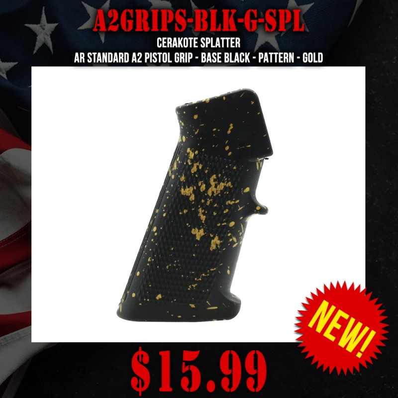 CERAKOTE SPLATTER | AR STANDARD A2 PISTOL GRIP - BASE BLACK - PATTERN - GOLD CERAKOTE SPLATTER | AR STANDARD A2 PISTOL GRIP - BASE BLACK - PATTERN - GOLD