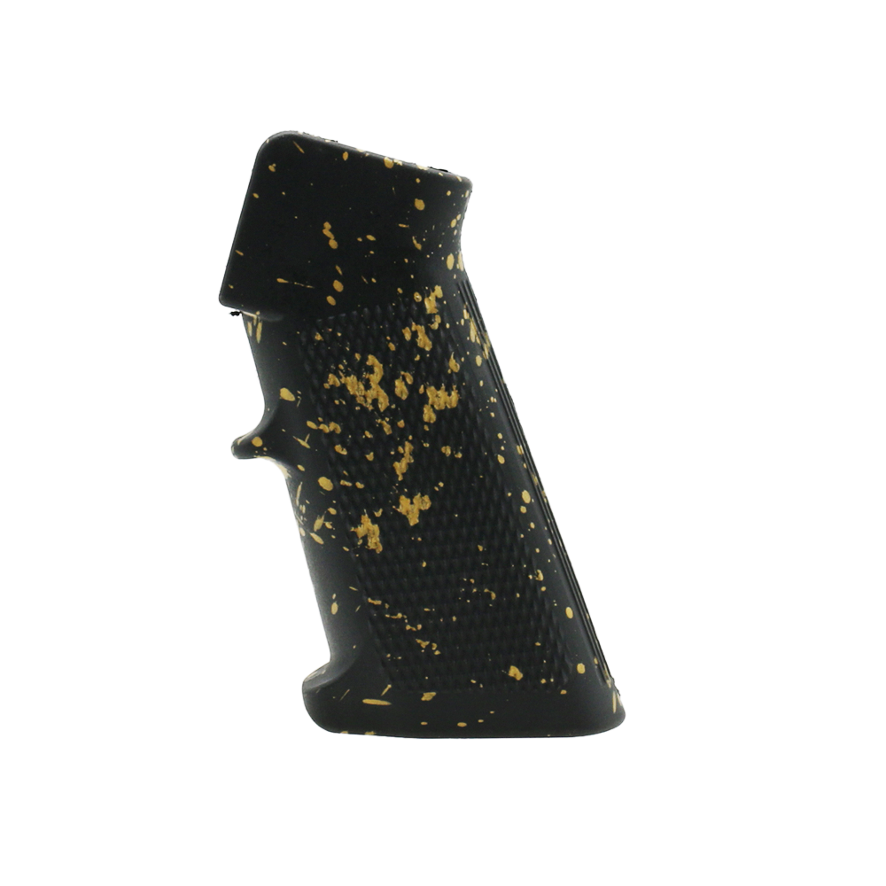 CERAKOTE SPLATTER | AR STANDARD A2 PISTOL GRIP - BASE BLACK - PATTERN - GOLD CERAKOTE SPLATTER | AR STANDARD A2 PISTOL GRIP - BASE BLACK - PATTERN - GOLD