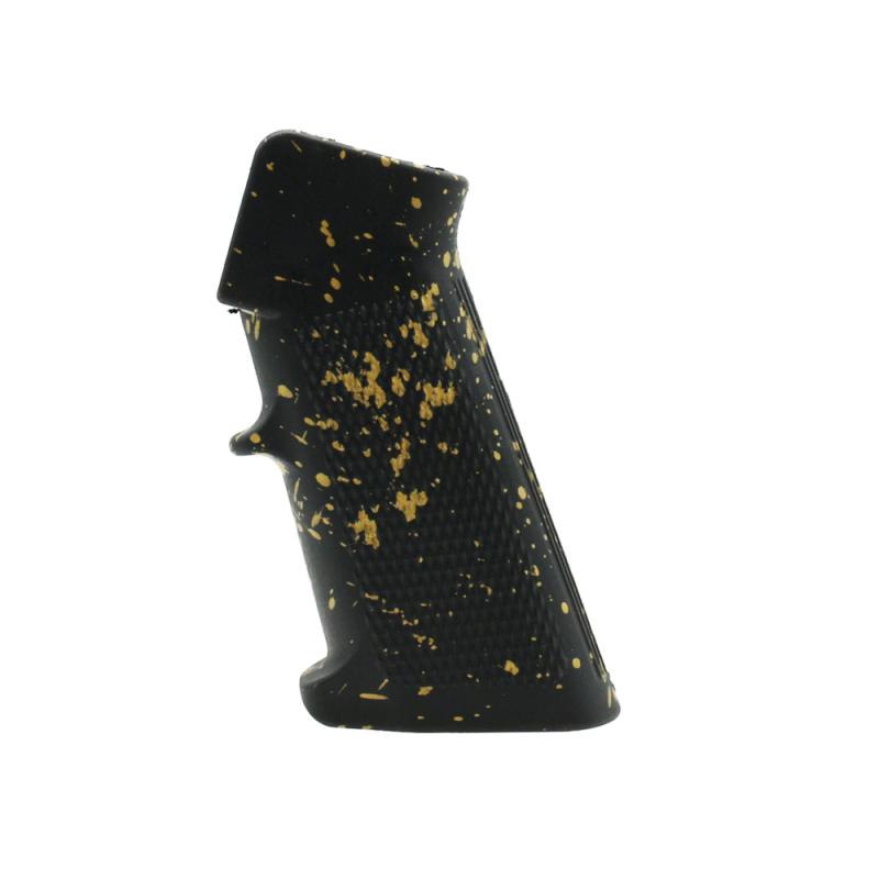 CERAKOTE SPLATTER | AR STANDARD A2 PISTOL GRIP - BASE BLACK - PATTERN - GOLD CERAKOTE SPLATTER | AR STANDARD A2 PISTOL GRIP - BASE BLACK - PATTERN - GOLD