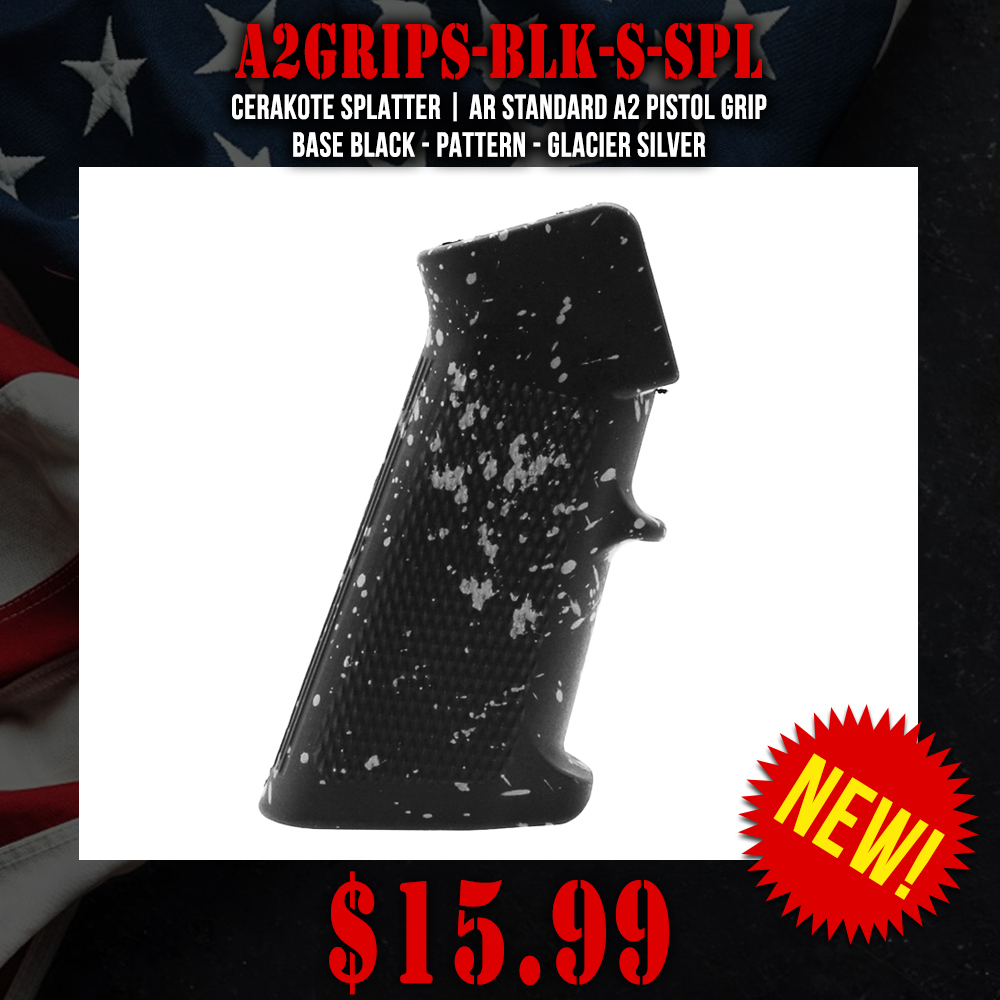 CERAKOTE SPLATTER | AR STANDARD A2 PISTOL GRIP - BASE BLACK - PATTERN - GLACIER SILVER CERAKOTE SPLATTER | AR STANDARD A2 PISTOL GRIP - BASE BLACK - PATTERN - GLACIER SILVER
