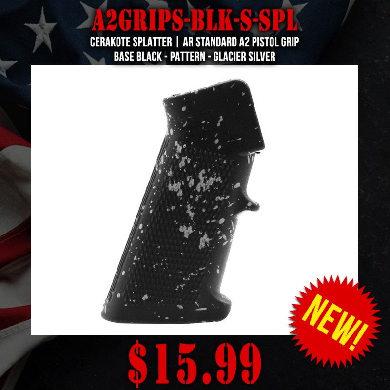 CERAKOTE SPLATTER | AR STANDARD A2 PISTOL GRIP - BASE BLACK - PATTERN - GLACIER SILVER CERAKOTE SPLATTER | AR STANDARD A2 PISTOL GRIP - BASE BLACK - PATTERN - GLACIER SILVER