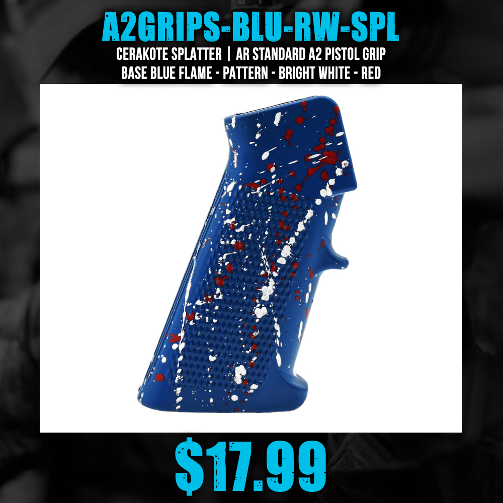 CERAKOTE SPLATTER | AR STANDARD A2 PISTOL GRIP - BASE BLUE FLAME - PATTERN - BRIGHT WHITE - RED CERAKOTE SPLATTER | AR STANDARD A2 PISTOL GRIP - BASE BLUE FLAME - PATTERN - BRIGHT WHITE - RED