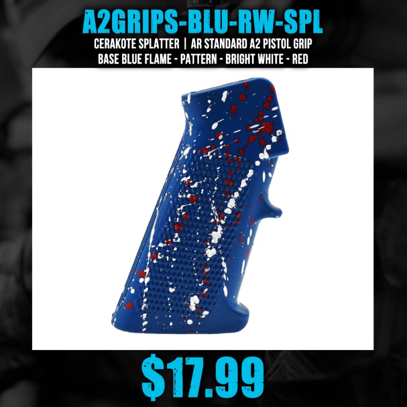 CERAKOTE SPLATTER | AR STANDARD A2 PISTOL GRIP - BASE BLUE FLAME - PATTERN - BRIGHT WHITE - RED CERAKOTE SPLATTER | AR STANDARD A2 PISTOL GRIP - BASE BLUE FLAME - PATTERN - BRIGHT WHITE - RED