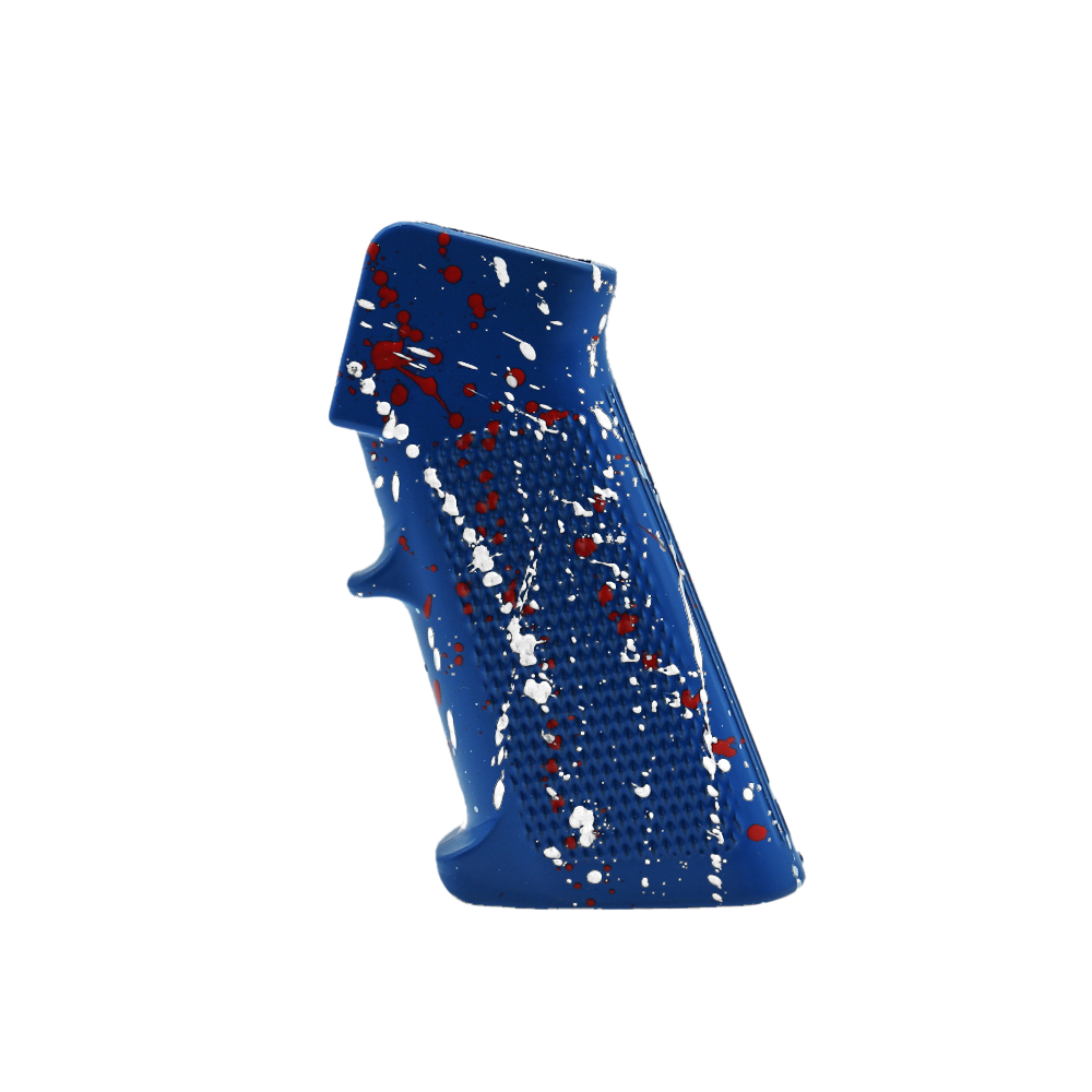 CERAKOTE SPLATTER | AR STANDARD A2 PISTOL GRIP - BASE BLUE FLAME - PATTERN - BRIGHT WHITE - RED CERAKOTE SPLATTER | AR STANDARD A2 PISTOL GRIP - BASE BLUE FLAME - PATTERN - BRIGHT WHITE - RED