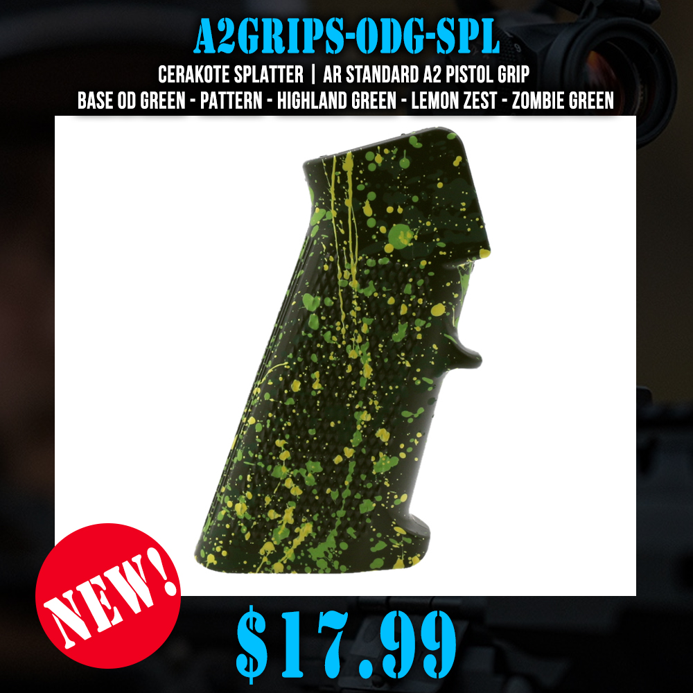 CERAKOTE SPLATTER | AR STANDARD A2 PISTOL GRIP - BASE OD GREEN - PATTERN - HIGHLAND GREEN - LEMON ZEST - ZOMBIE GREEN CERAKOTE SPLATTER | AR STANDARD A2 PISTOL GRIP - BASE OD GREEN - PATTERN - HIGHLAND GREEN - LEMON ZEST - ZOMBIE GREEN