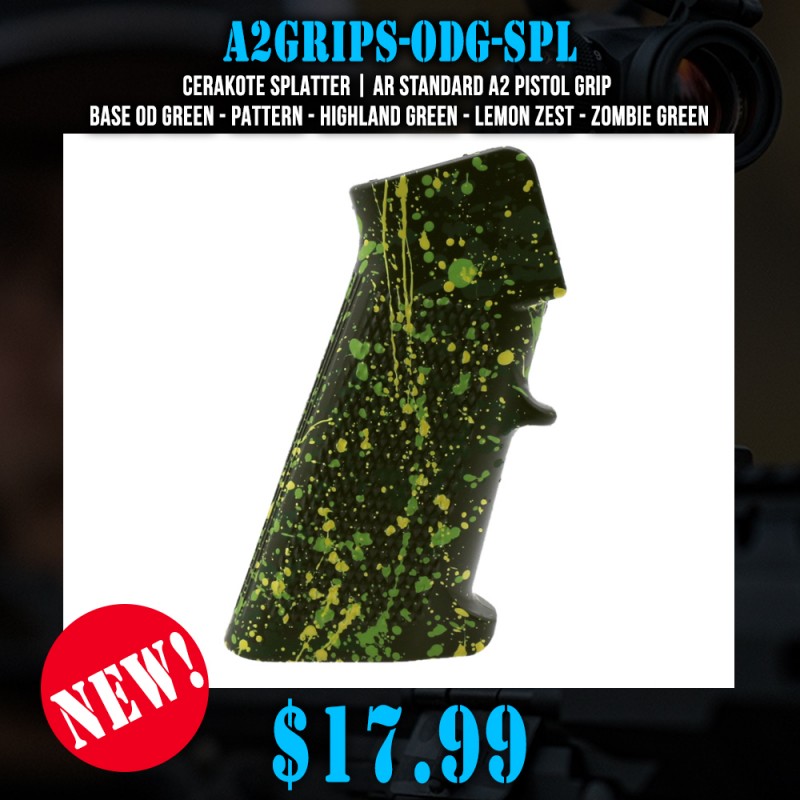 CERAKOTE SPLATTER | AR STANDARD A2 PISTOL GRIP - BASE OD GREEN - PATTERN - HIGHLAND GREEN - LEMON ZEST - ZOMBIE GREEN CERAKOTE SPLATTER | AR STANDARD A2 PISTOL GRIP - BASE OD GREEN - PATTERN - HIGHLAND GREEN - LEMON ZEST - ZOMBIE GREEN