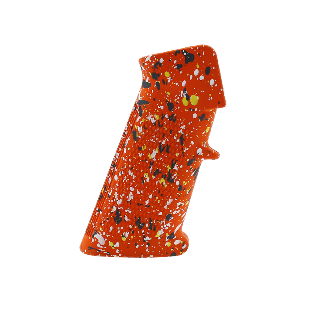 CERAKOTE SPLATTER | AR STANDARD A2 PISTOL GRIP - BASE HUNTER ORANGE - PATTERN - SNIPER GRAY - BRIGHT WHITE - LEMON ZEST CERAKOTE SPLATTER | AR STANDARD A2 PISTOL GRIP - BASE HUNTER ORANGE - PATTERN - SNIPER GRAY - BRIGHT WHITE - LEMON ZEST