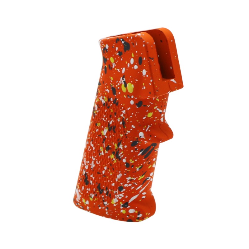 CERAKOTE SPLATTER | AR STANDARD A2 PISTOL GRIP - BASE HUNTER ORANGE - PATTERN - SNIPER GRAY - BRIGHT WHITE - LEMON ZEST CERAKOTE SPLATTER | AR STANDARD A2 PISTOL GRIP - BASE HUNTER ORANGE - PATTERN - SNIPER GRAY - BRIGHT WHITE - LEMON ZEST