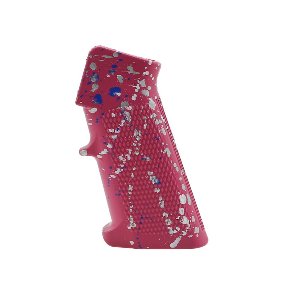 CERAKOTE SPLATTER | AR STANDARD A2 PISTOL GRIP - BASE PINK - PATTERN - GLACIER SILVER - BRIGHT WHITE - BLUE FLAME