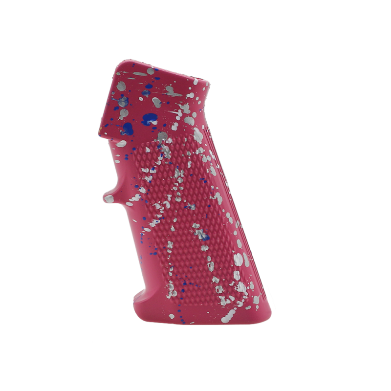CERAKOTE SPLATTER | AR STANDARD A2 PISTOL GRIP - BASE PINK - PATTERN - GLACIER SILVER - BRIGHT WHITE - BLUE FLAME