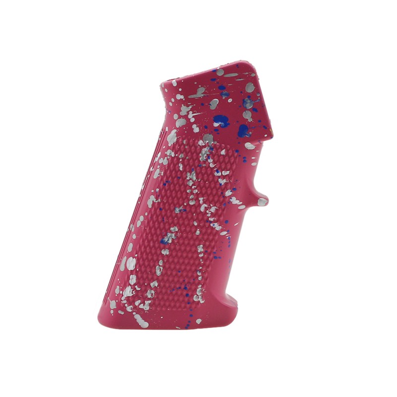 CERAKOTE SPLATTER | AR STANDARD A2 PISTOL GRIP - BASE PINK - PATTERN - GLACIER SILVER - BRIGHT WHITE - BLUE FLAME