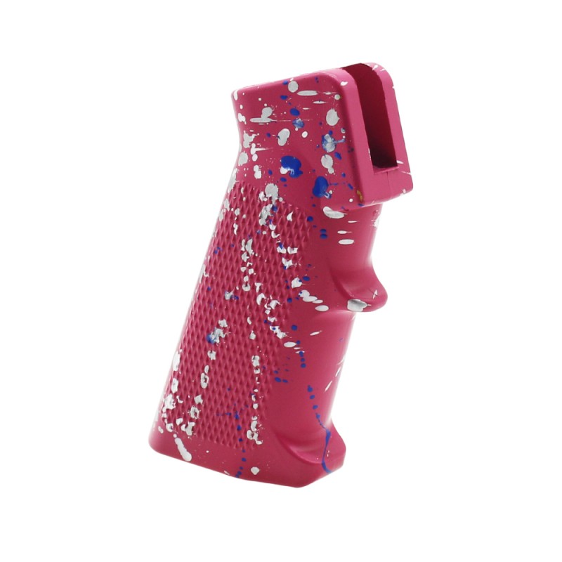 CERAKOTE SPLATTER | AR STANDARD A2 PISTOL GRIP - BASE PINK - PATTERN - GLACIER SILVER - BRIGHT WHITE - BLUE FLAME