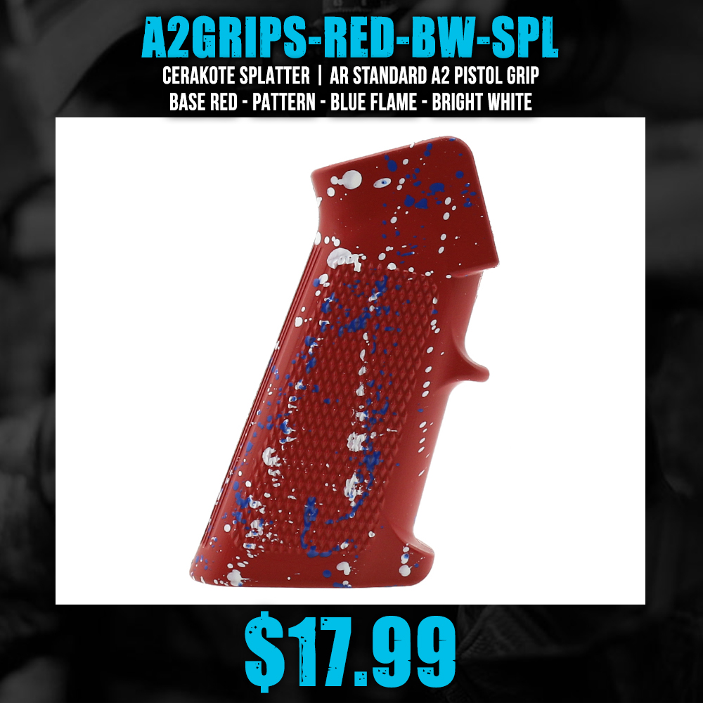 CERAKOTE SPLATTER | AR STANDARD A2 PISTOL GRIP - BASE RED - PATTERN - BLUE FLAME - BRIGHT WHITE CERAKOTE SPLATTER | AR STANDARD A2 PISTOL GRIP - BASE RED - PATTERN - BLUE FLAME - BRIGHT WHITE