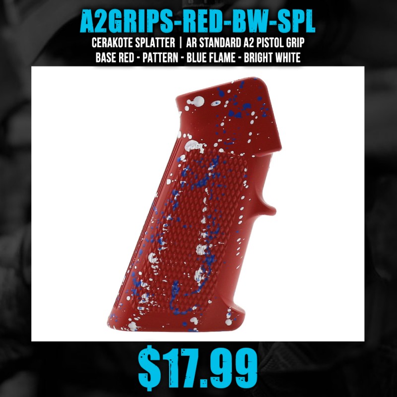 CERAKOTE SPLATTER | AR STANDARD A2 PISTOL GRIP - BASE RED - PATTERN - BLUE FLAME - BRIGHT WHITE CERAKOTE SPLATTER | AR STANDARD A2 PISTOL GRIP - BASE RED - PATTERN - BLUE FLAME - BRIGHT WHITE