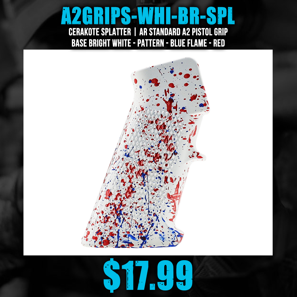 CERAKOTE SPLATTER | AR STANDARD A2 PISTOL GRIP - BASE BRIGHT WHITE - PATTERN - BLUE FLAME - RED CERAKOTE SPLATTER | AR STANDARD A2 PISTOL GRIP - BASE BRIGHT WHITE - PATTERN - BLUE FLAME - RED