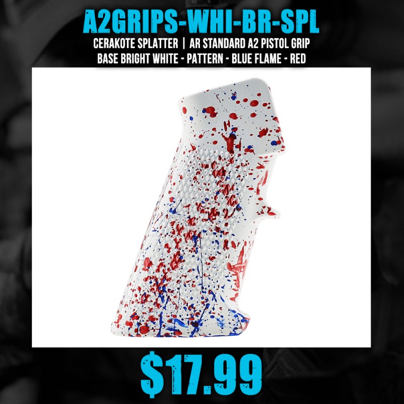 CERAKOTE SPLATTER | AR STANDARD A2 PISTOL GRIP - BASE BRIGHT WHITE - PATTERN - BLUE FLAME - RED CERAKOTE SPLATTER | AR STANDARD A2 PISTOL GRIP - BASE BRIGHT WHITE - PATTERN - BLUE FLAME - RED