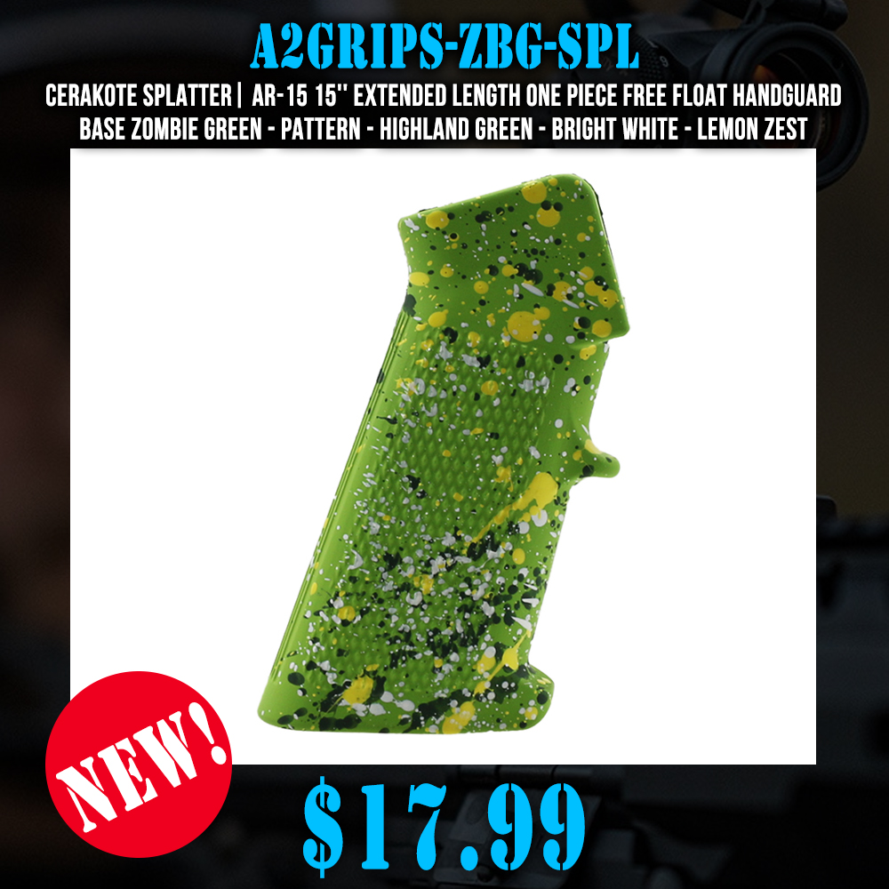 CERAKOTE SPLATTER | AR STANDARD A2 PISTOL GRIP - BASE ZOMBIE GREEN - PATTERN - HIGHLAND GREEN - BRIGHT WHITE - LEMON ZEST CERAKOTE SPLATTER | AR STANDARD A2 PISTOL GRIP - BASE ZOMBIE GREEN - PATTERN - HIGHLAND GREEN - BRIGHT WHITE - LEMON ZEST