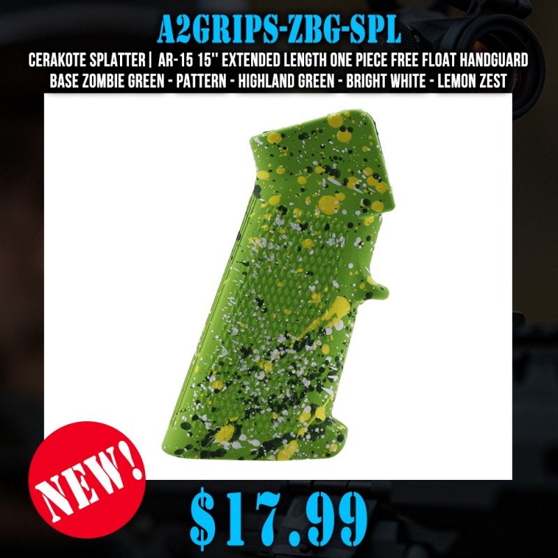 CERAKOTE SPLATTER | AR STANDARD A2 PISTOL GRIP - BASE ZOMBIE GREEN - PATTERN - HIGHLAND GREEN - BRIGHT WHITE - LEMON ZEST CERAKOTE SPLATTER | AR STANDARD A2 PISTOL GRIP - BASE ZOMBIE GREEN - PATTERN - HIGHLAND GREEN - BRIGHT WHITE - LEMON ZEST