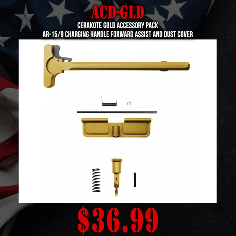 Cerakote Gold Accessory Pack| AR-15/9 Charging Handle Forward Assist and Dust Cover Cerakote Gold Accessory Pack| AR-15/9 Charging Handle Forward Assist and Dust Cover