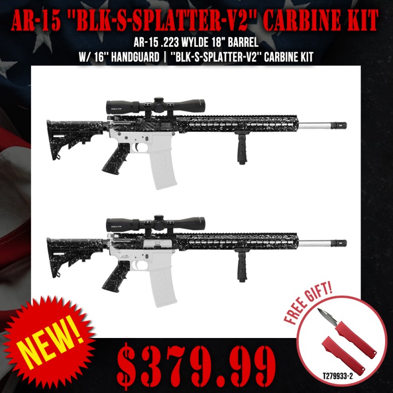 AR-15 .223 Wylde 18" Barrel W/ 16'' Handguard | ''BLK-S-SPLATTER-V2'' Carbine Kit AR-15 .223 Wylde 18" Barrel W/ 16'' Handguard | ''BLK-S-SPLATTER-V2'' Carbine Kit
