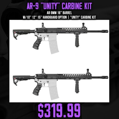 AR 9mm 16'' Barrel W/10'' 12'' 15'' Handguard Option | ''UNITY'' Carbine Kit