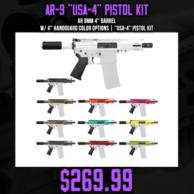 AR 9mm 4'' Barrel W/ 4'' Handguard Color Options| ''USA-4'' Pistol Kit