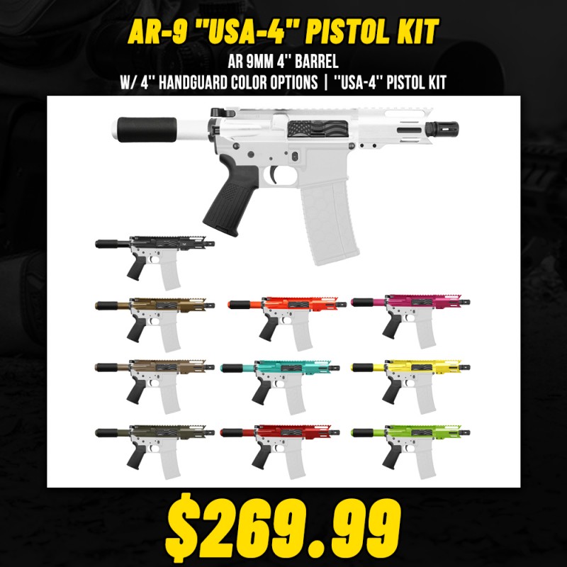 AR 9mm 4'' Barrel W/ 4'' Handguard Color Options| ''USA-4'' Pistol Kit AR 9mm 4'' Barrel W/ 4'' Handguard Color Options| ''USA-4'' Pistol Kit