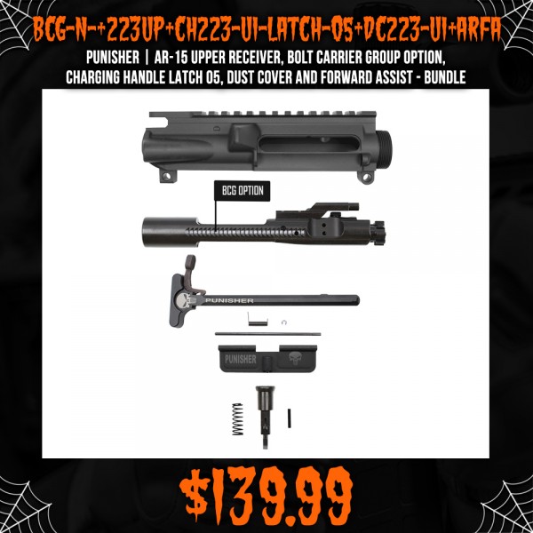 PUNISHER | AR-15  Upper Receiver, Bolt Carrier Group Option, Charging Handle LATCH 05, Dust Cover and Forward Assist -Bundle PUNISHER | AR-15  Upper Receiver, Bolt Carrier Group Option, Charging Handle LATCH 05, Dust Cover and Forward Assist -Bundle