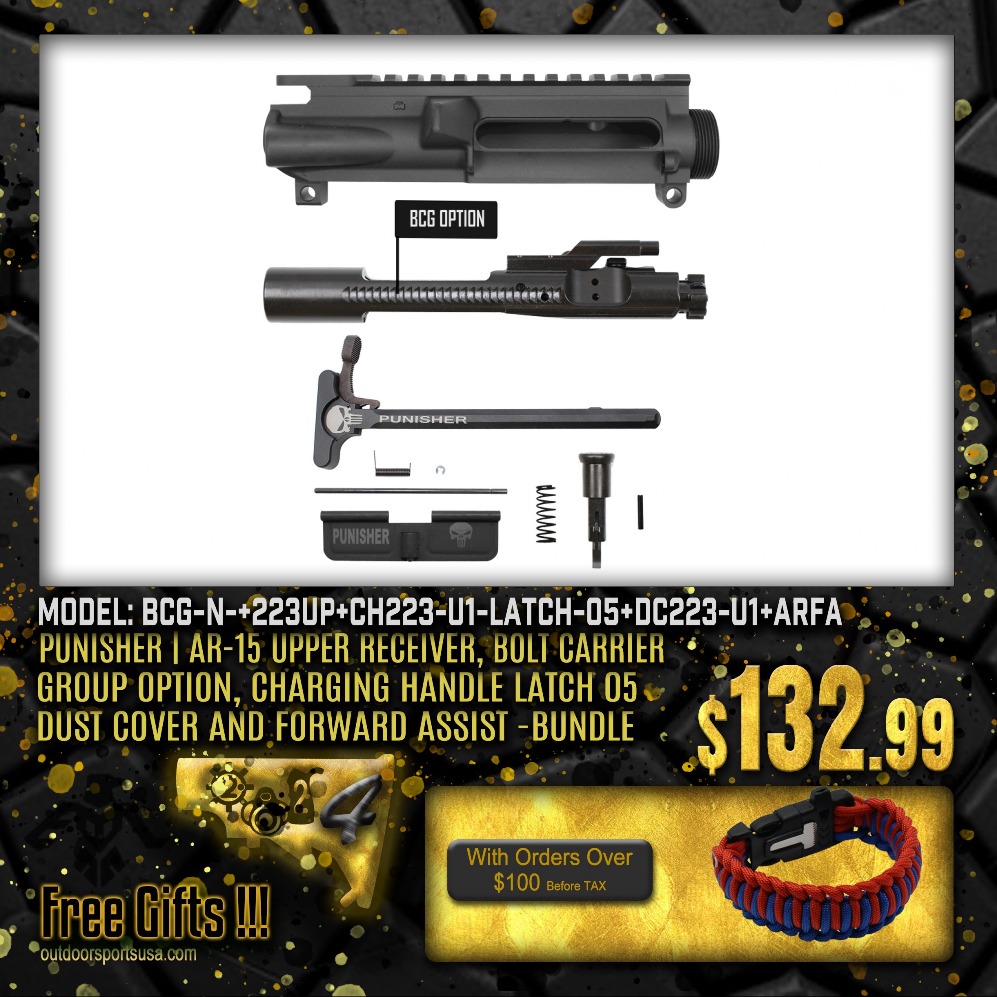 PUNISHER AR15 Upper Receiver, Bolt Carrier Group Option, Charging
