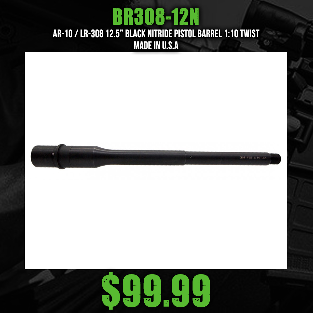 AR-10 / LR-308 12.5” Black Nitride Pistol Barrel 1:10 Twist | Made in USA AR-10 / LR-308 12.5” Black Nitride Pistol Barrel 1:10 Twist | Made in USA