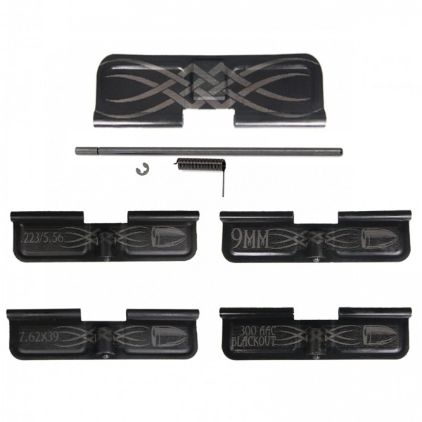 AR-15 / 300BLK / 7.62x39 / 9MM Ejection Port Door Cover | BLACK Tribal Design W/ Caliber Engraving AR-15 / 300BLK / 7.62x39 / 9MM Ejection Port Door Cover | BLACK Tribal Design W/ Caliber Engraving