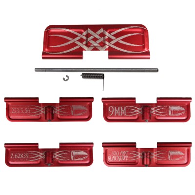 AR-15 / 300BLK / 7.62x39 / 9MM Ejection Port Door Cover | RED Tribal Design W/ Caliber Engraving