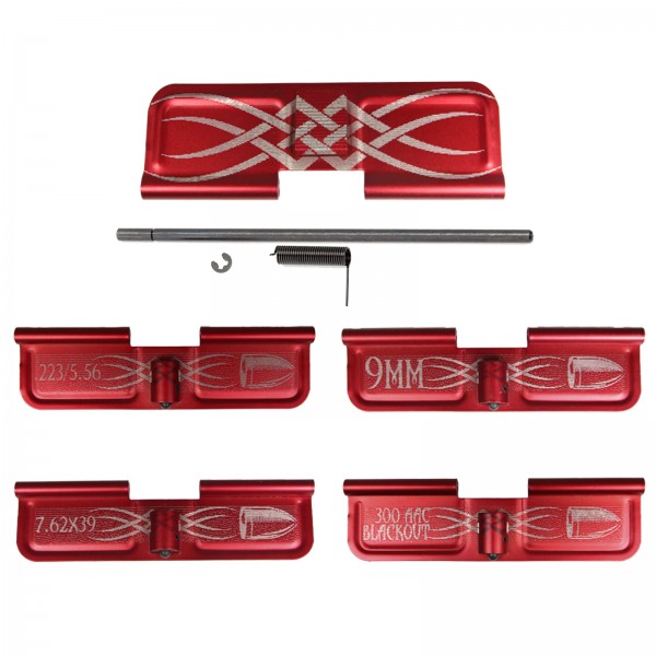AR-15 / 300BLK / 7.62x39 / 9MM Ejection Port Door Cover | RED Tribal Design W/ Caliber Engraving AR-15 / 300BLK / 7.62x39 / 9MM Ejection Port Door Cover | RED Tribal Design W/ Caliber Engraving