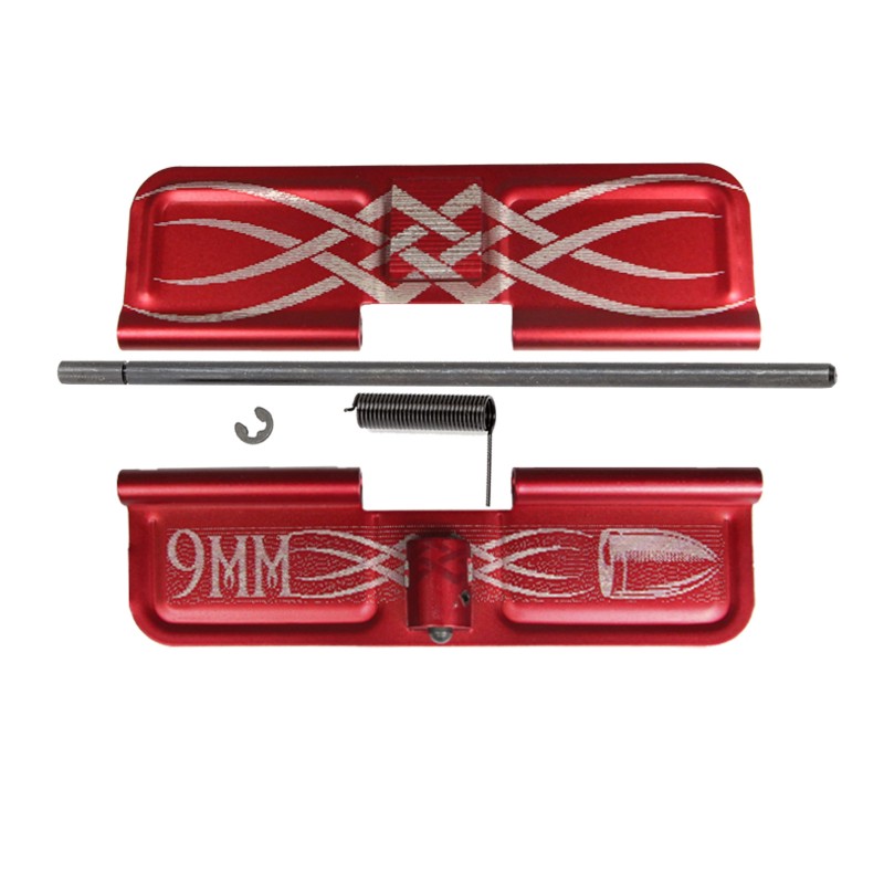 AR-15 / 300BLK / 7.62x39 / 9MM Ejection Port Door Cover | RED Tribal Design W/ Caliber Engraving