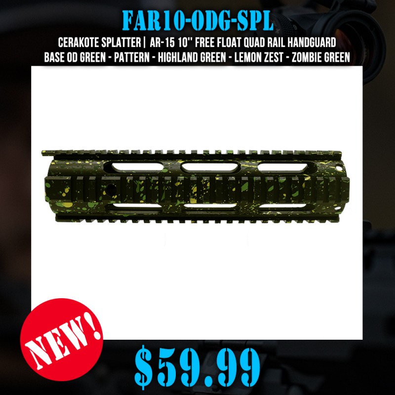 Cerakote Splatter| AR-15 10'' Free Float Quad Rail Handguard - Base OD Green - Pattern - Highland Green - Lemon Zest - Zombie Green Cerakote Splatter| AR-15 10'' Free Float Quad Rail Handguard - Base OD Green - Pattern - Highland Green - Lemon Zest - Zombie Green