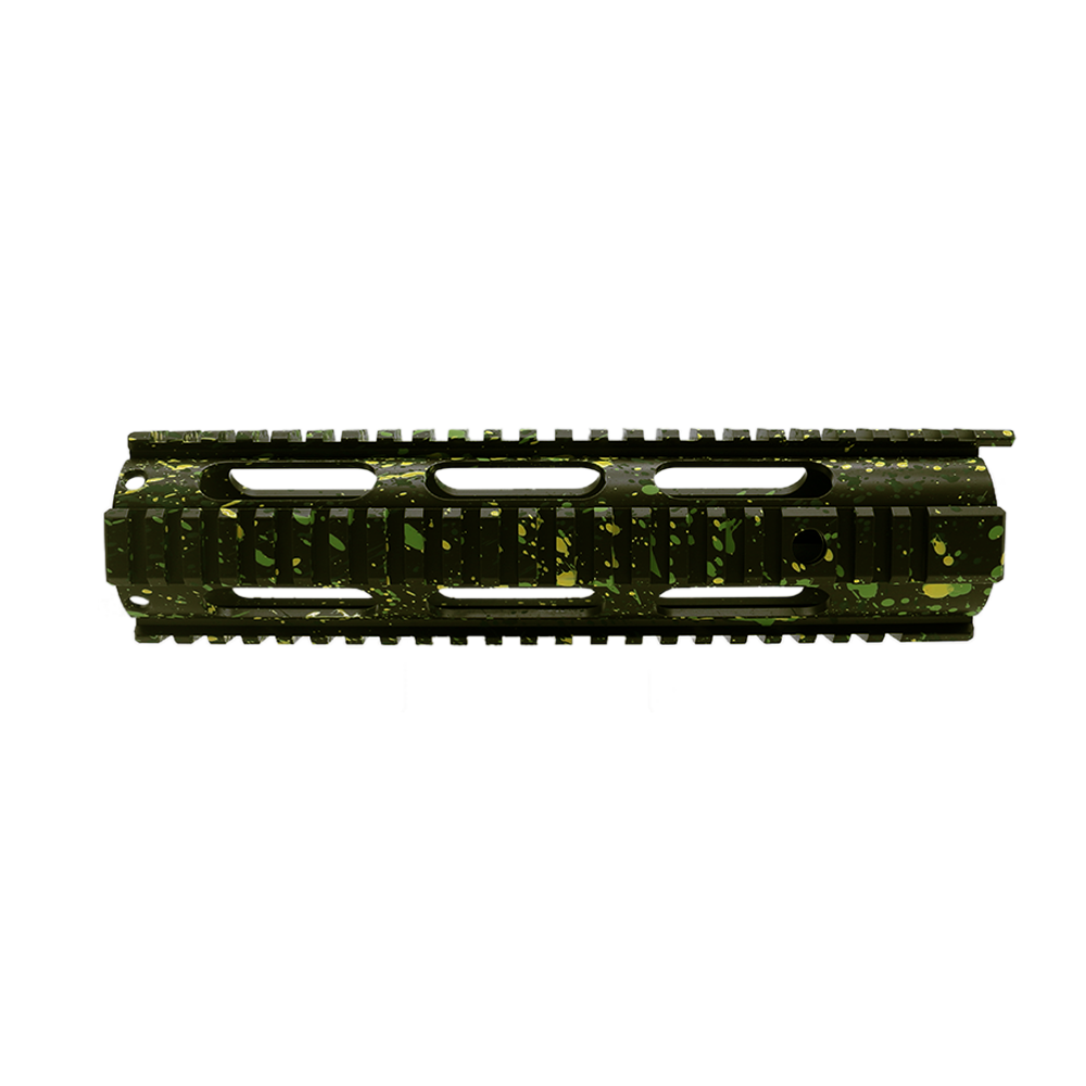 Cerakote Splatter| AR-15 10'' Free Float Quad Rail Handguard - Base OD Green - Pattern - Highland Green - Lemon Zest - Zombie Green Cerakote Splatter| AR-15 10'' Free Float Quad Rail Handguard - Base OD Green - Pattern - Highland Green - Lemon Zest - Zombie Green